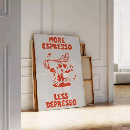kitchen More Espresso Less Depresso poster vibrant orange blue hues gift wall art collection eye print splash motivation various sizes A4 cm A0