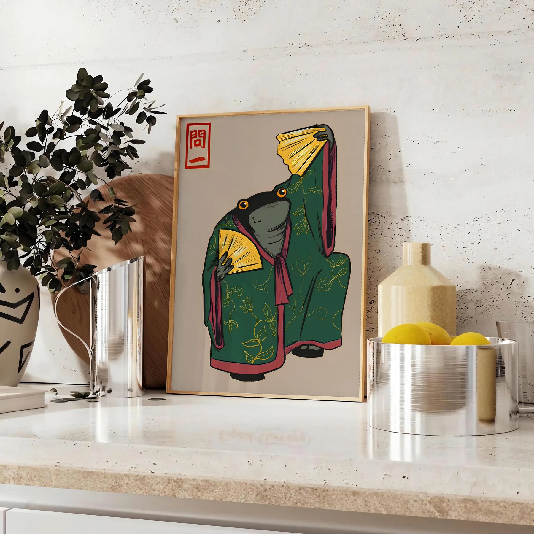 space vibrant culture Japan stunning Kimono Matsumoto Hoji poster vivid green orange palette unique artwork perfect wall thoughtful gift unframed piece art today