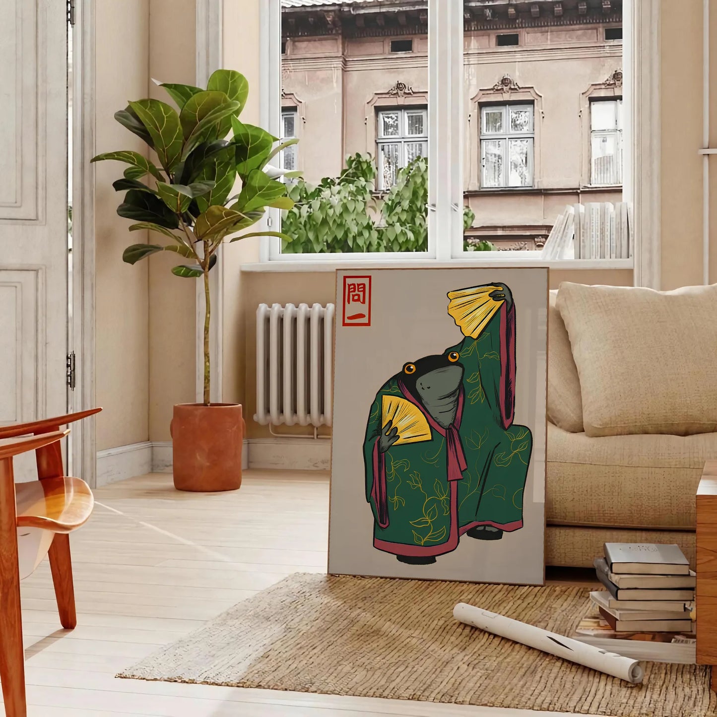 space vibrant culture Japan stunning Kimono Matsumoto Hoji poster vivid green orange palette unique artwork perfect wall thoughtful gift unframed piece art today