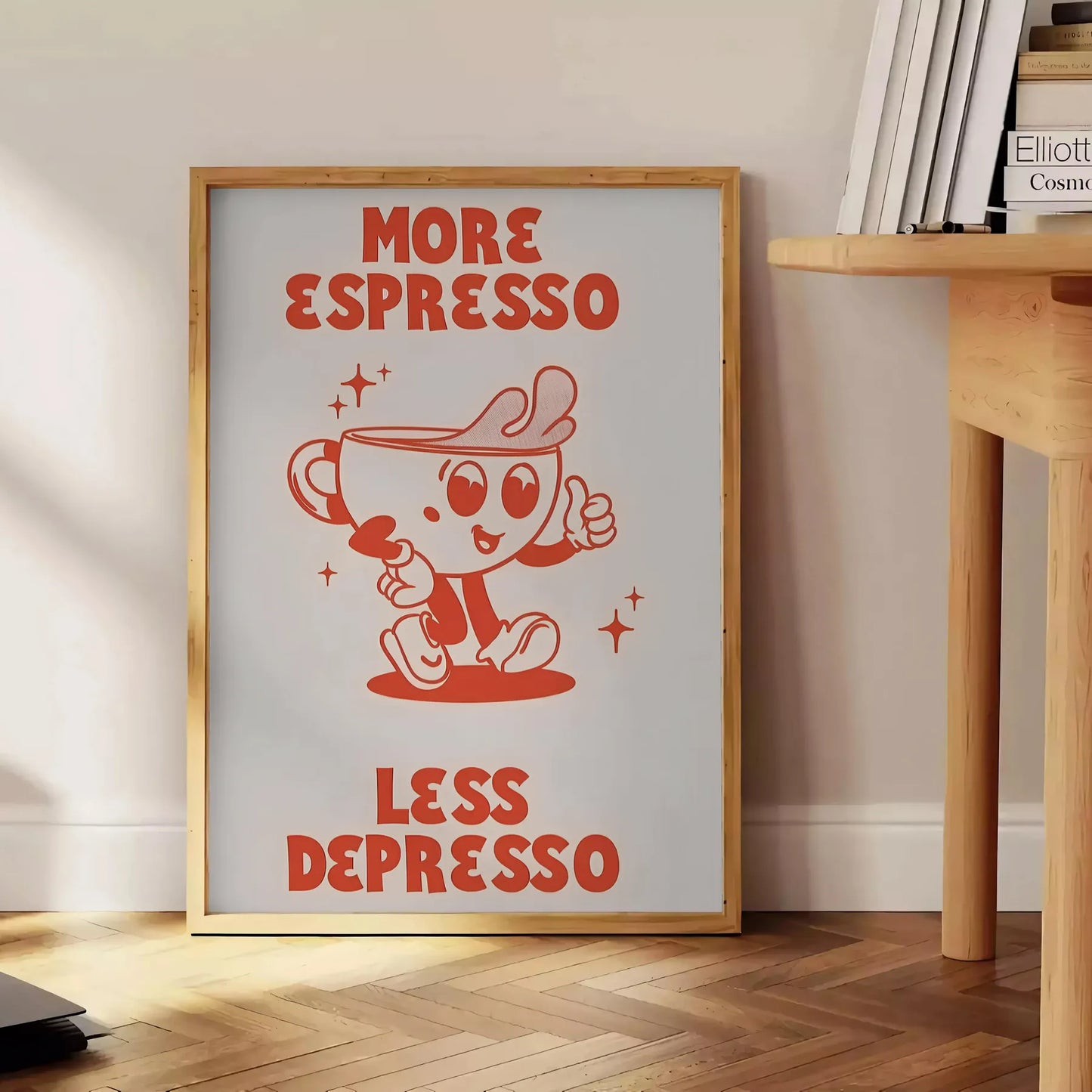 kitchen More Espresso Less Depresso poster vibrant orange blue hues gift wall art collection eye print splash motivation various sizes A4 cm A0