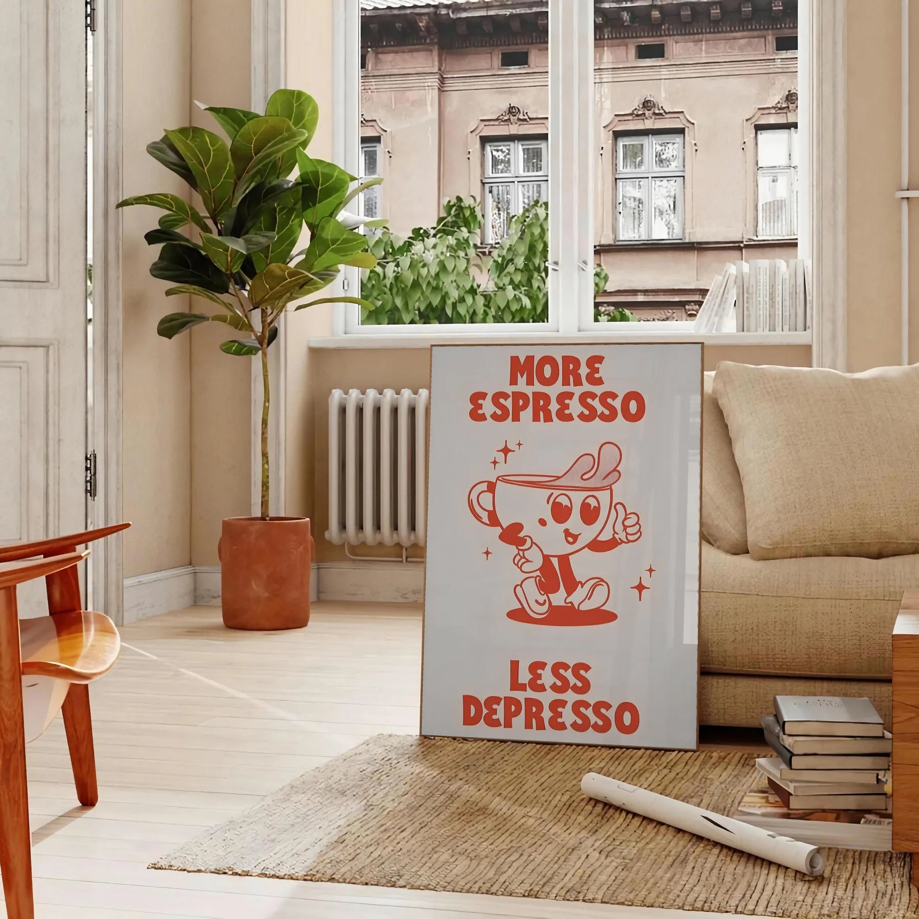 kitchen More Espresso Less Depresso poster vibrant orange blue hues gift wall art collection eye print splash motivation various sizes A4 cm A0