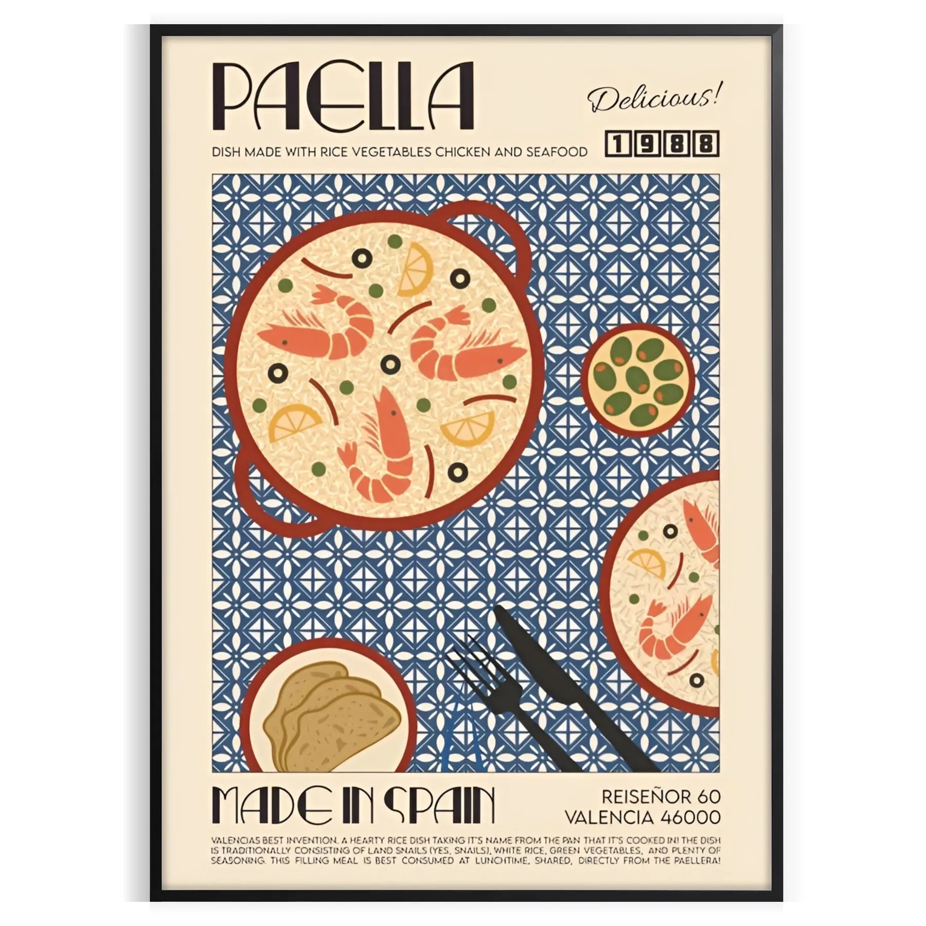 kitchen decor vibrant Paella Art Poster rich shades gray orange unique wall splash culinary inspiration space perfect gift style