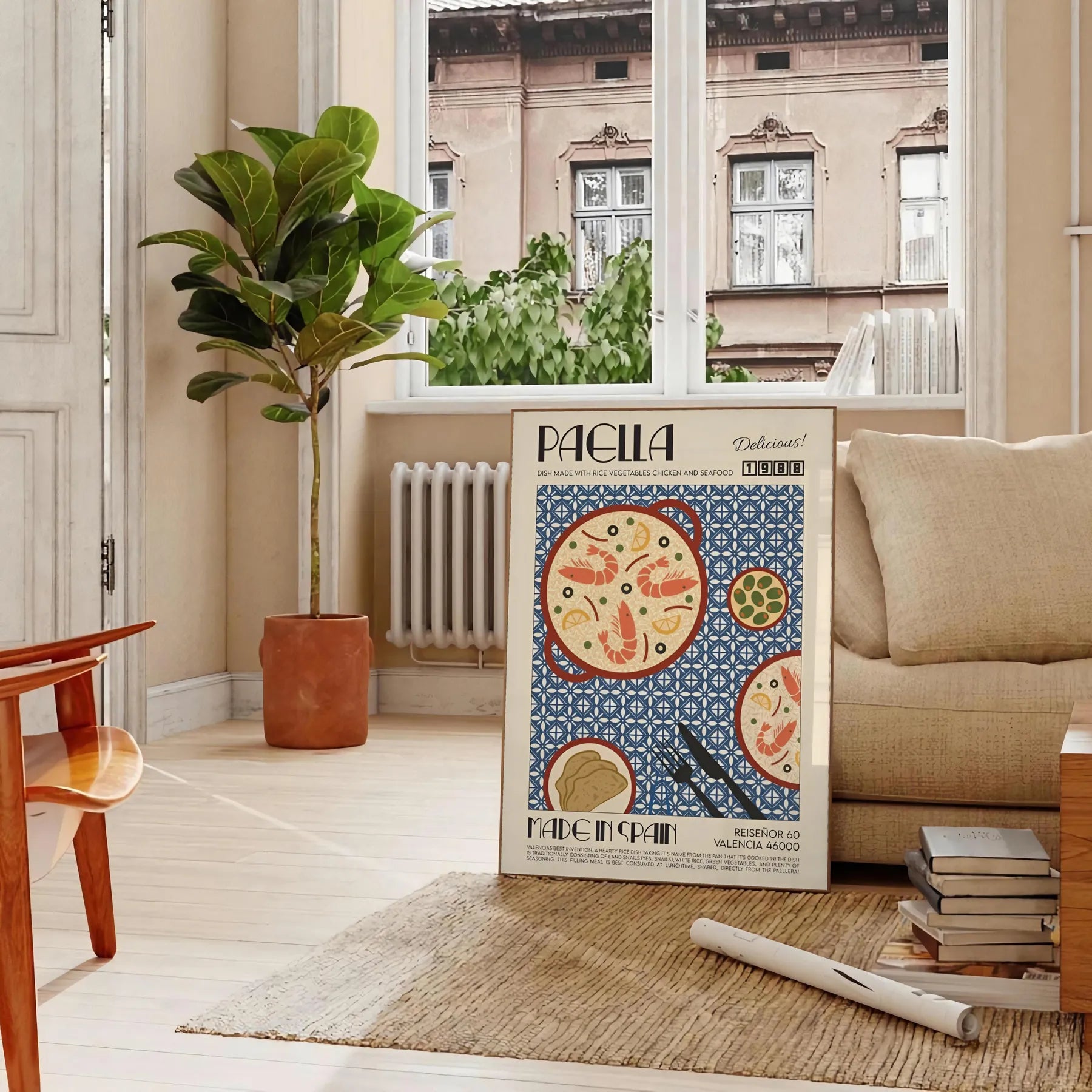 kitchen decor vibrant Paella Art Poster rich shades gray orange unique wall splash culinary inspiration space perfect gift style