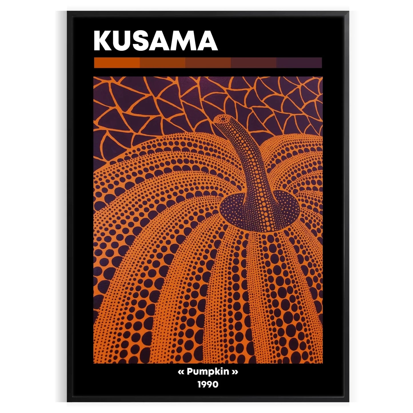 vibrant fusion pumpkin Yayoi Kusama iconic style striking black orange poster art lovers wall piece unique gift stunning addition space convenience