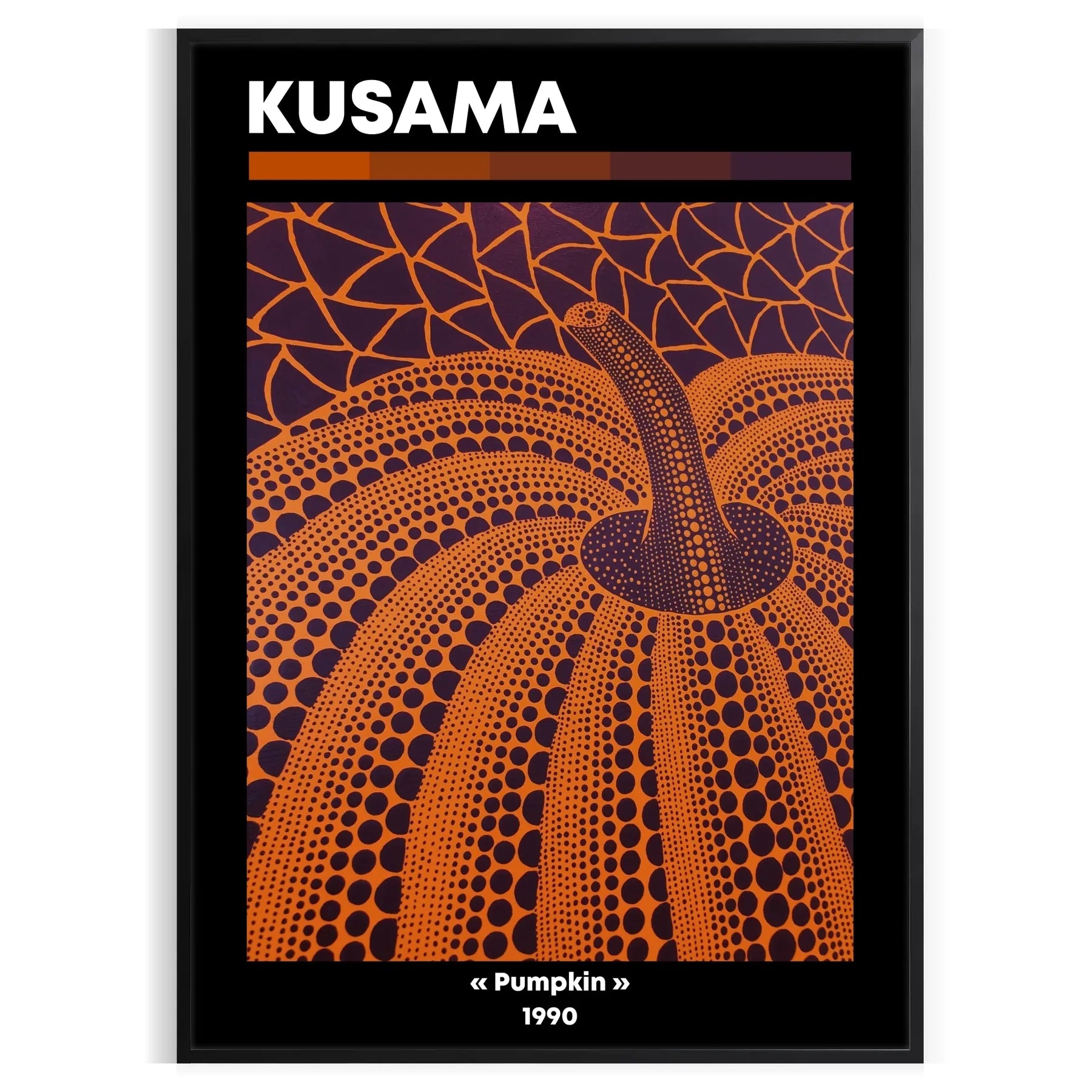 vibrant fusion pumpkin Yayoi Kusama iconic style striking black orange poster art lovers wall piece unique gift stunning addition space convenience