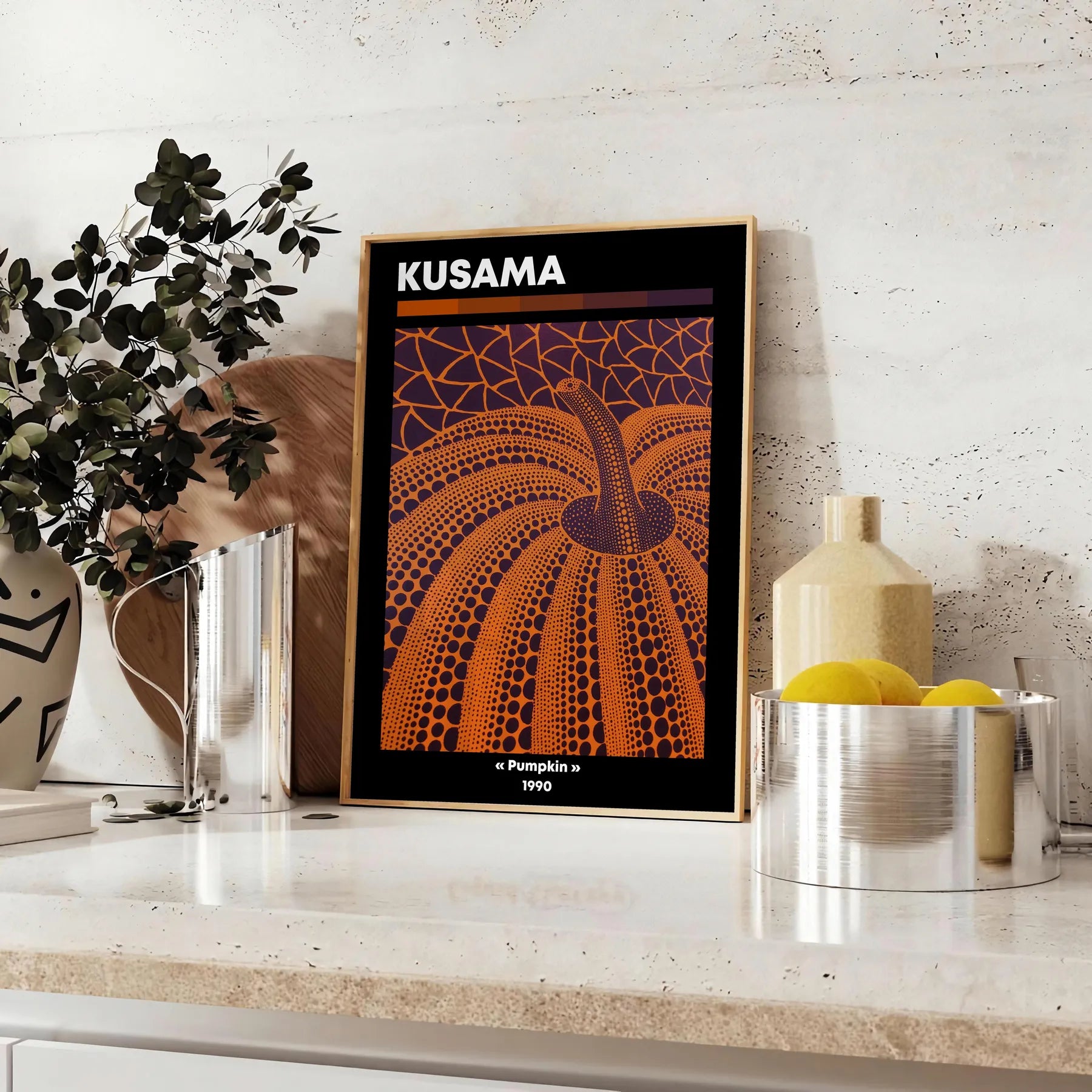 vibrant fusion pumpkin Yayoi Kusama iconic style striking black orange poster art lovers wall piece unique gift stunning addition space convenience