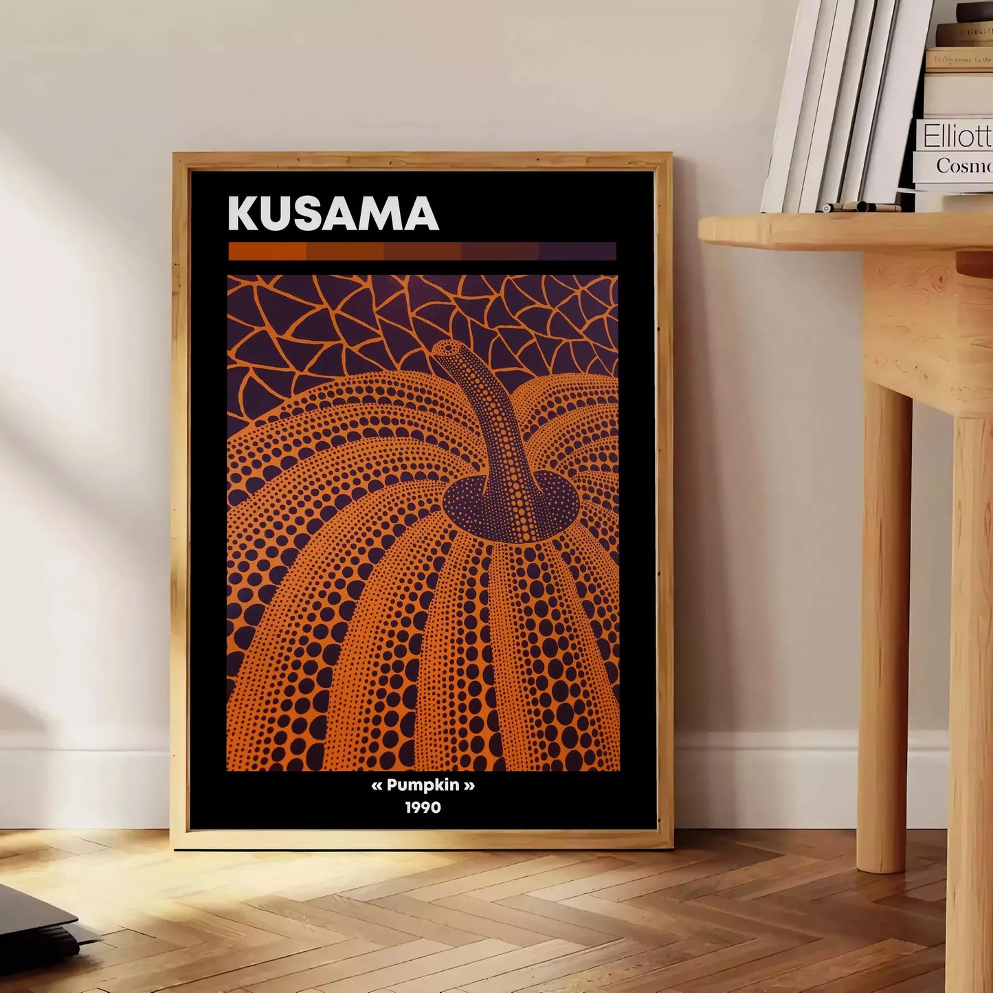vibrant fusion pumpkin Yayoi Kusama iconic style striking black orange poster art lovers wall piece unique gift stunning addition space convenience