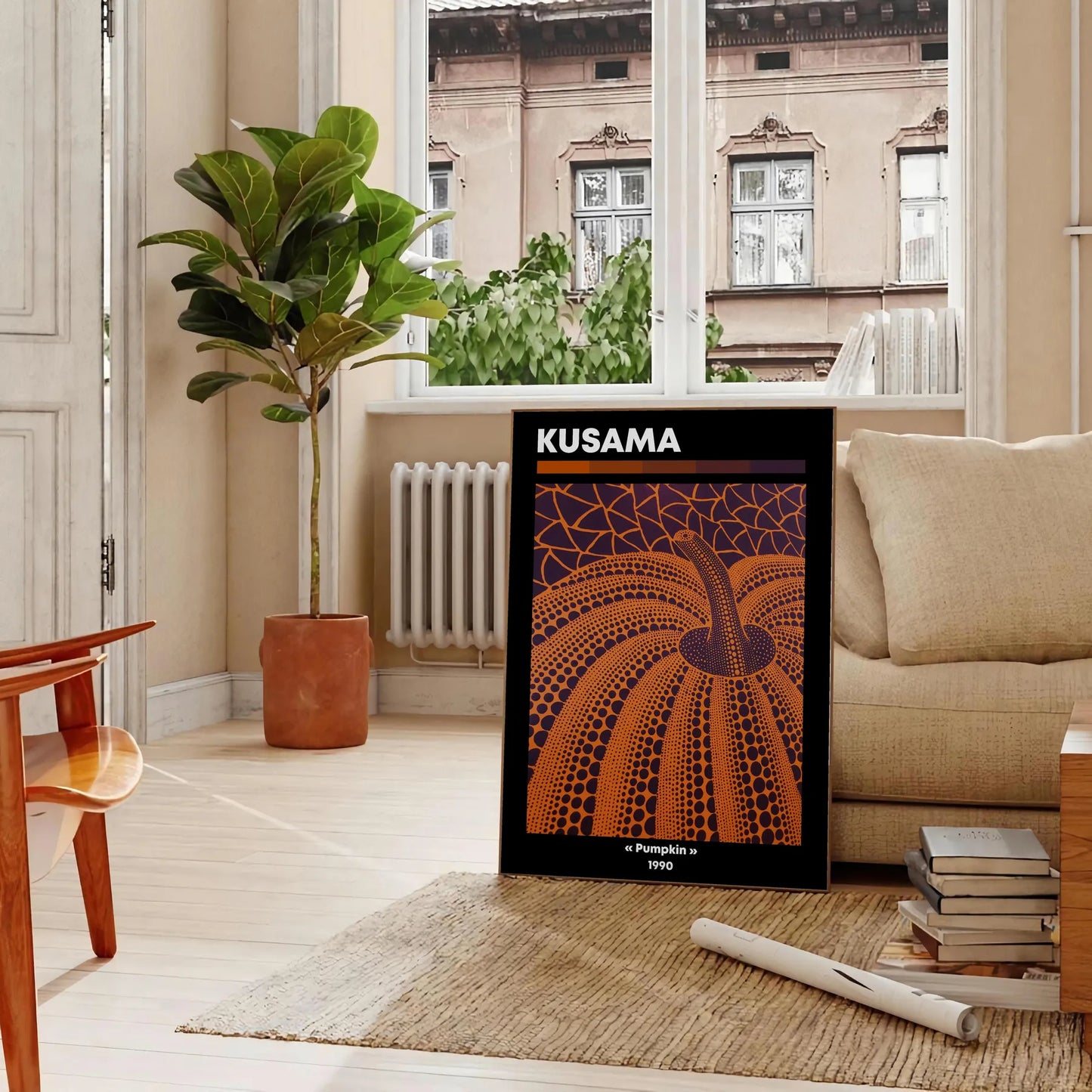 vibrant fusion pumpkin Yayoi Kusama iconic style striking black orange poster art lovers wall piece unique gift stunning addition space convenience