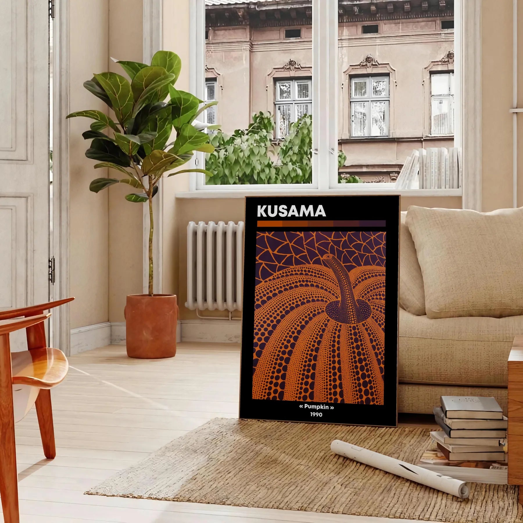 vibrant fusion pumpkin Yayoi Kusama iconic style striking black orange poster art lovers wall piece unique gift stunning addition space convenience