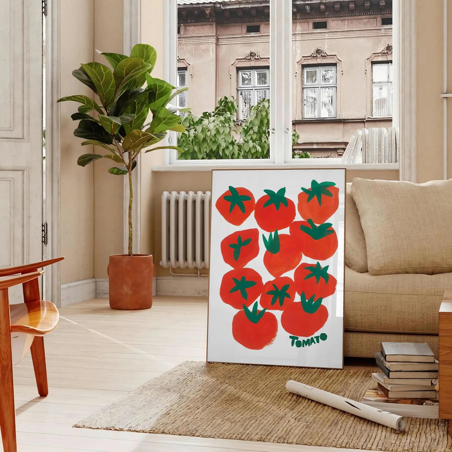 kitchen decor vibrant tomatoes poster blue orange hues unique wall art piece thoughtful gift artwork splash color charm
